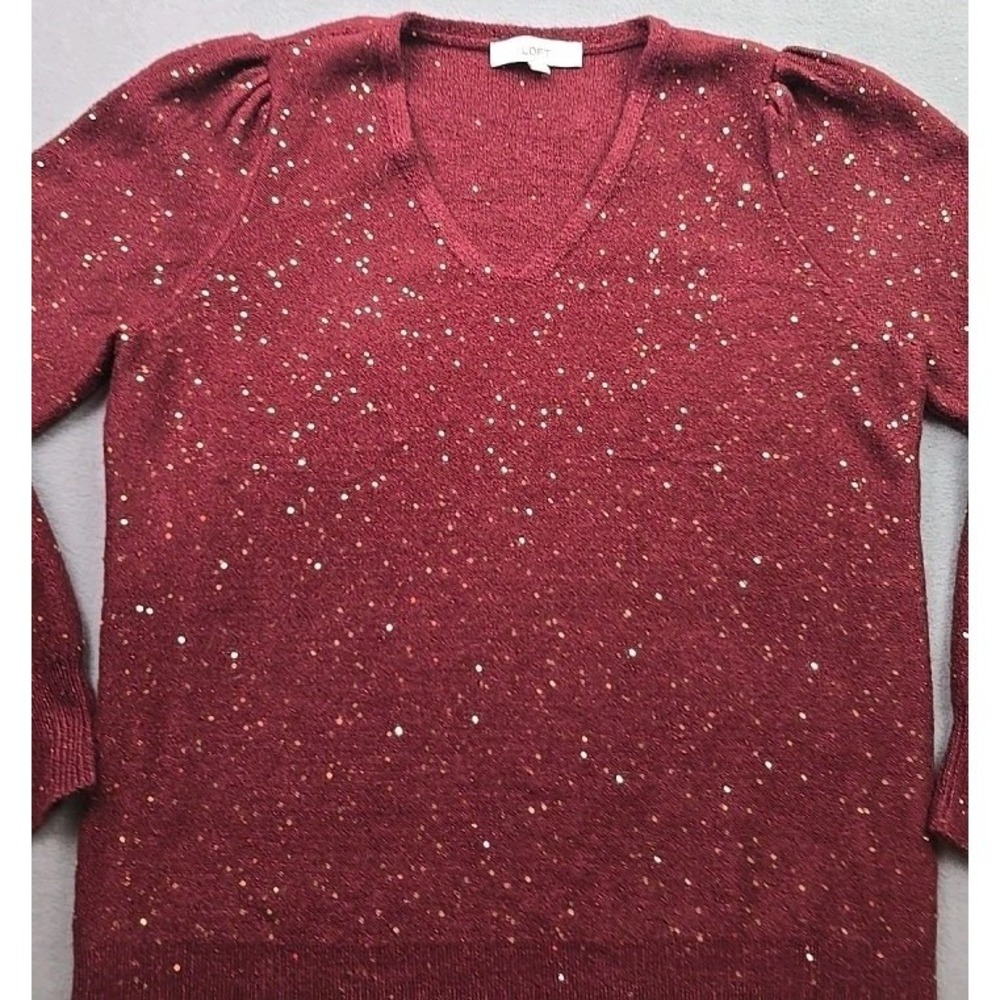 Loft Womens Pleated Sleeve Sweater Top Size: L Burgundy/gold Shimmer